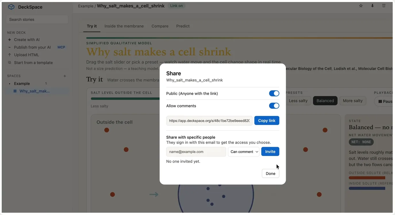 The Share panel with the public link switched on and a Copy link button