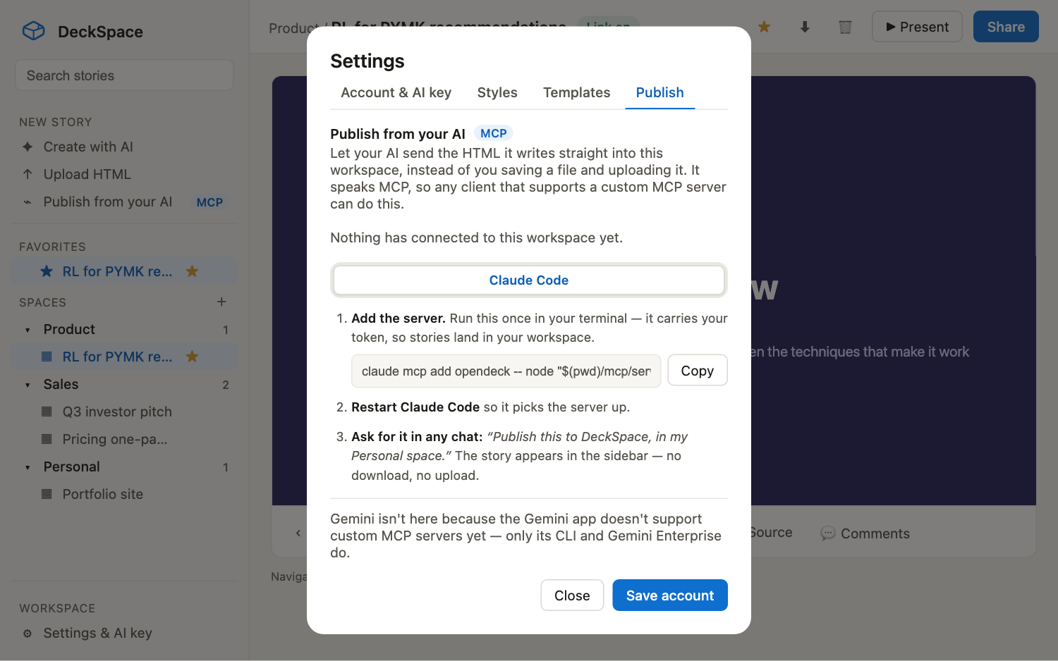 The Publish from your AI guide in DeckSpace settings