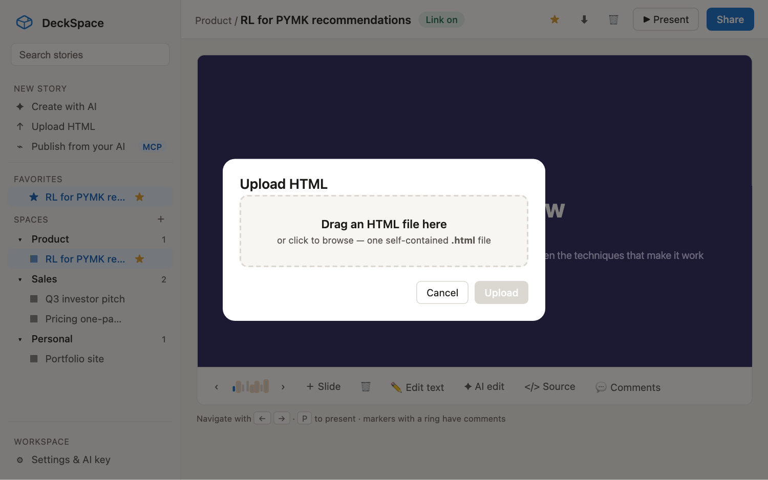 The Upload HTML dialog in DeckSpace